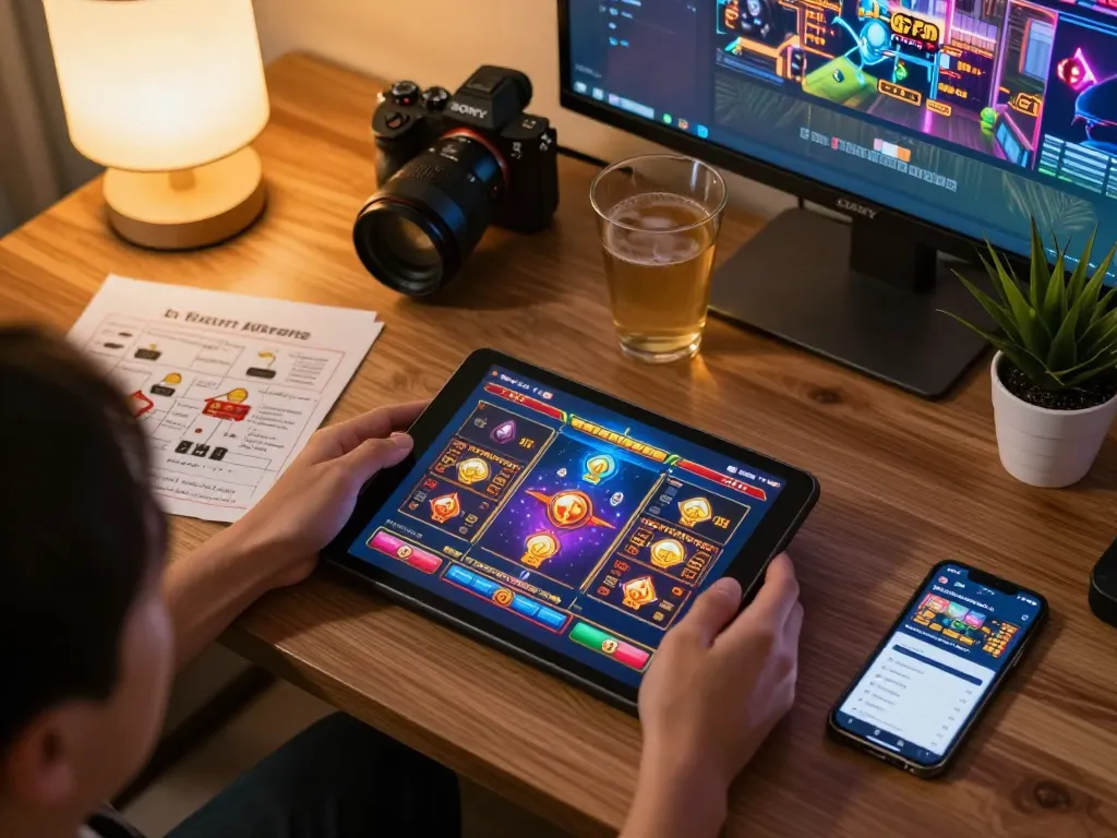Engaging with link slot for online casino gaming on a tablet, showcasing vibrant gameplay.