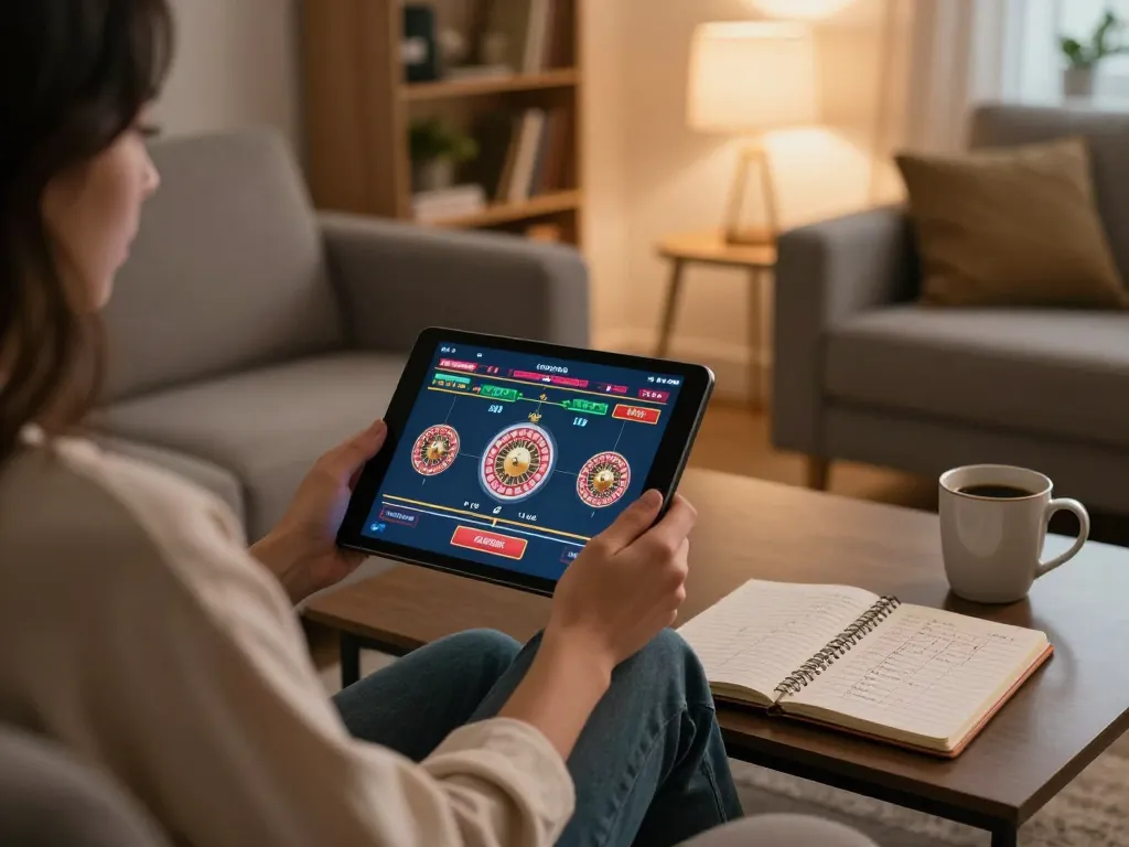 Person engaging in online gambling at home on RR88 NAVY platform with roulette game displayed.