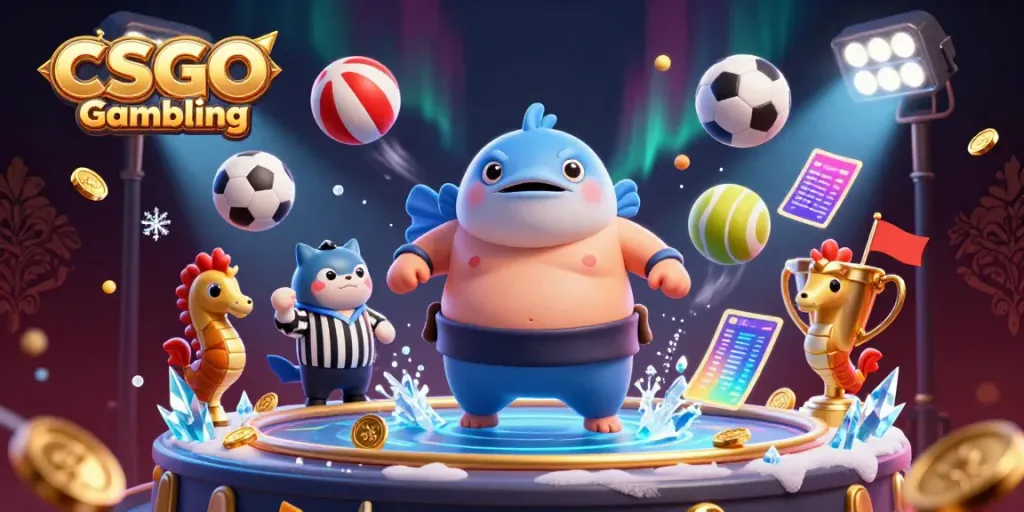 Experience CSGO Gambling with colorful dynamic gameplay surrounded by animated characters and sports elements.