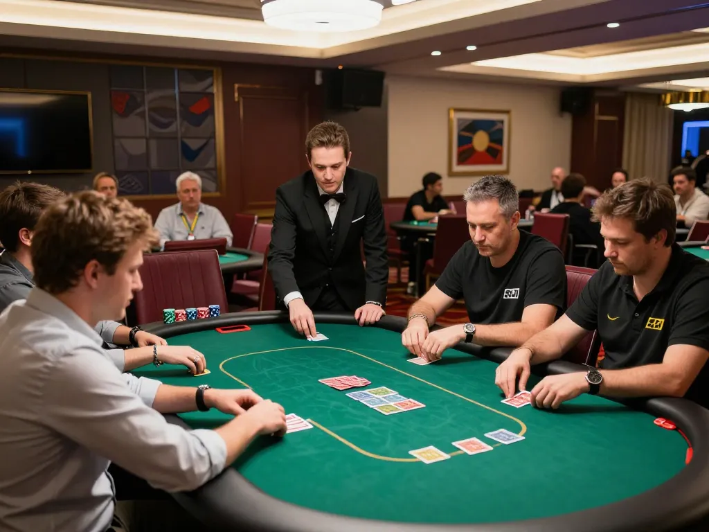 Poker players engaged in an exciting tournament game at a modern poker room, dealer in action.