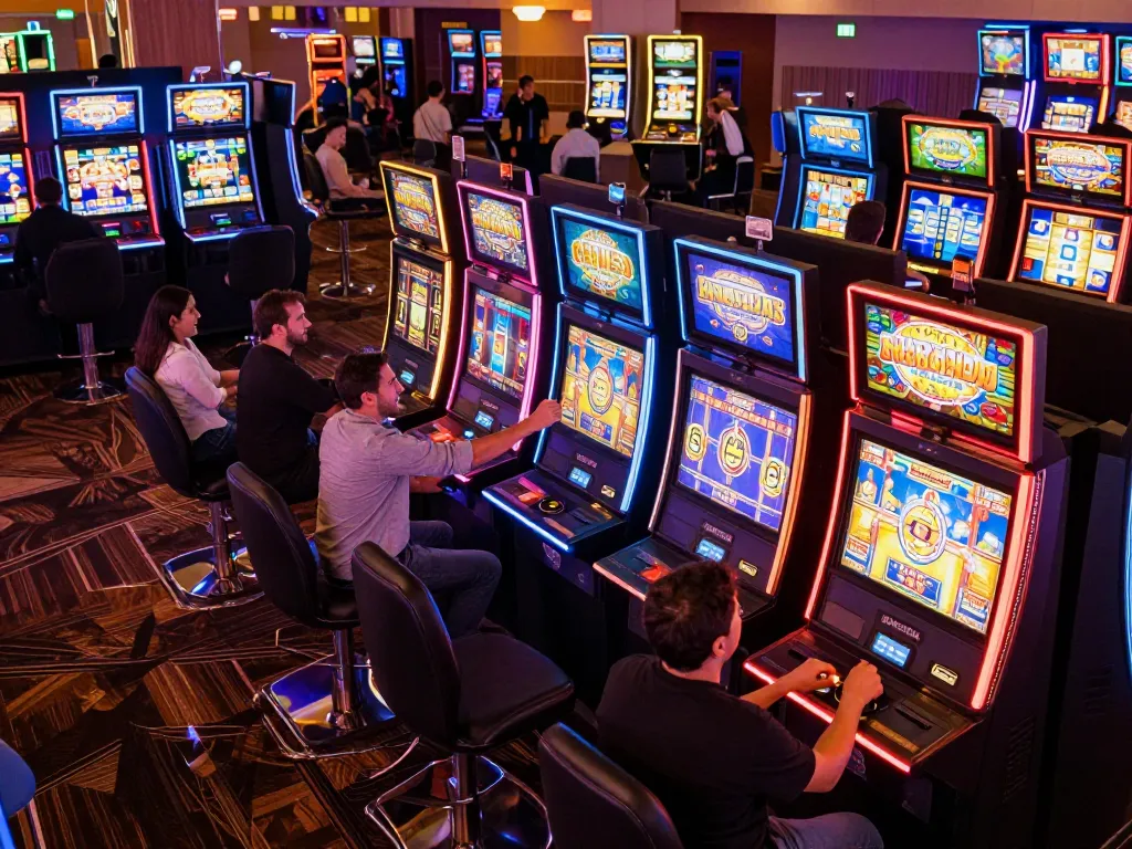 Players engaging with slot machines at dreidelsandmore casino, creating excitement with each spin.