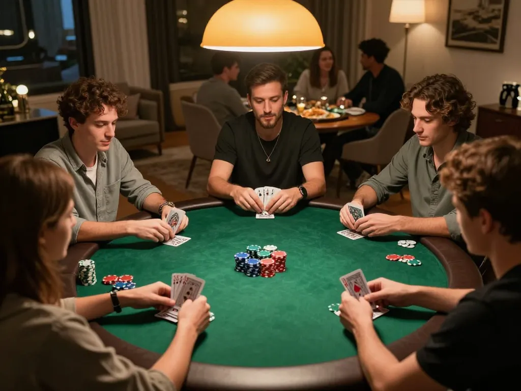 Enjoying a competitive home poker game with friends at XX88 party night.