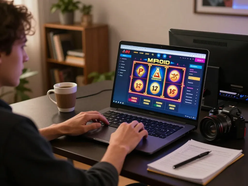Engaging in online casino gameplay with MPOID on a laptop, showcasing vibrant game graphics.