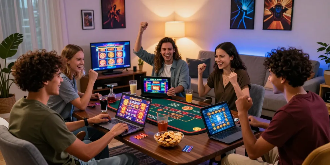 Friends enjoying a credit card casino gaming night at home, celebrating with laptops and colorful game graphics.