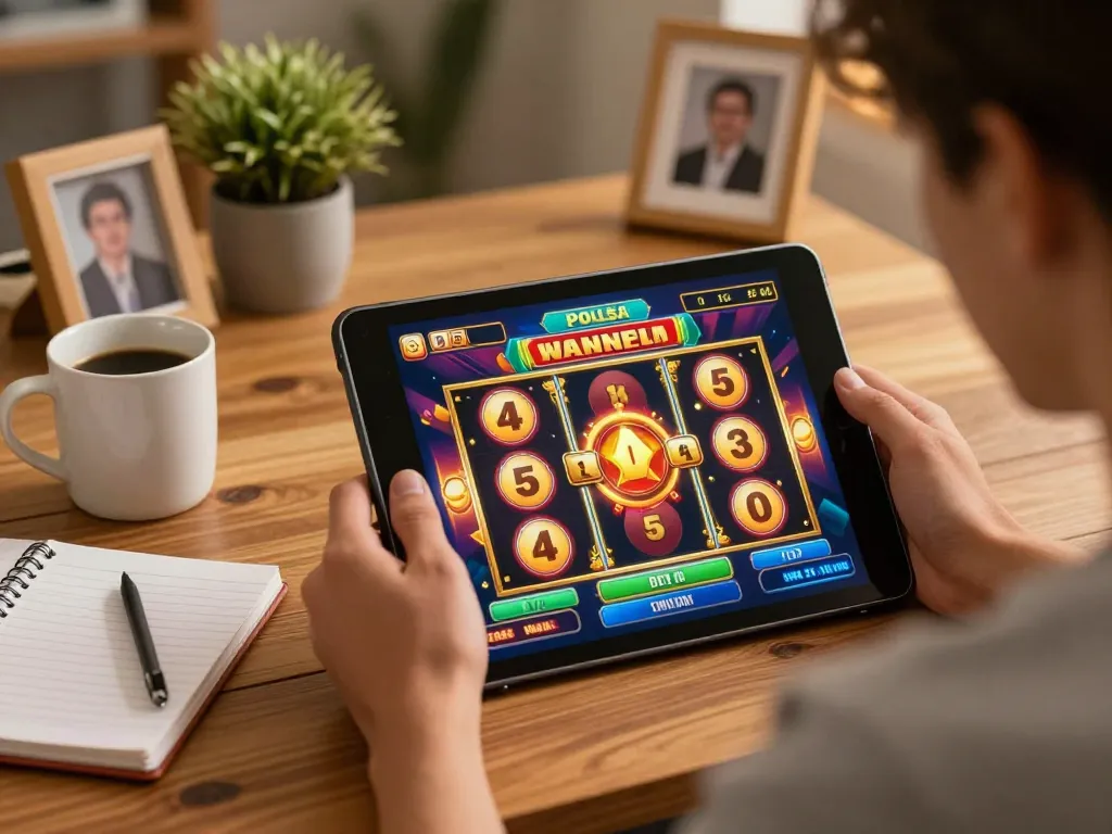 Pemain menikmati permainan slot pulsa di tablet sambil terlibat dengan pengaturan rumah yang nyaman, menampilkan permainan strategis