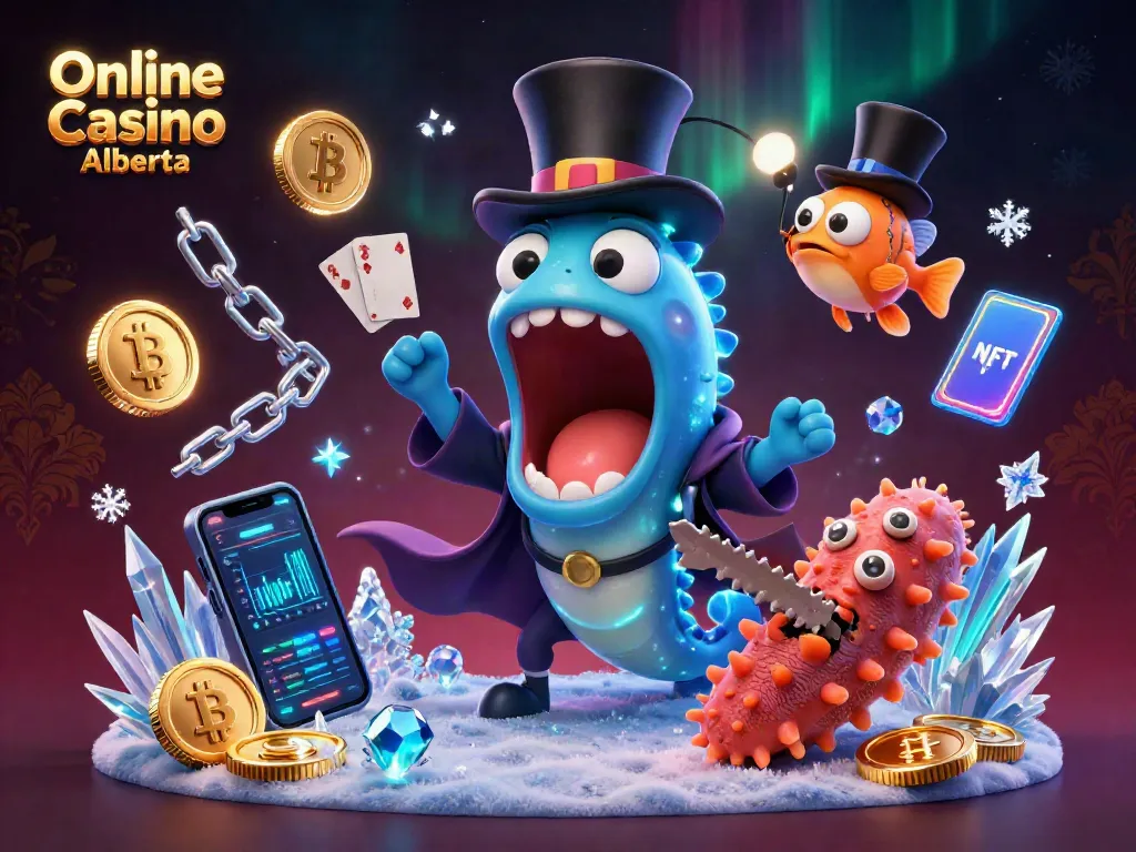 Interactive Online Casino Alberta scene showcasing imaginative characters and casino elements in a vibrant, magical atmosphere.