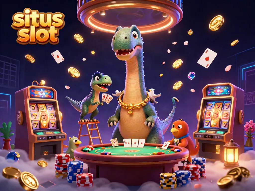 Permainan situs slot mendebarkan dengan brontosaurus raksasa dan kartu poker di kasino.