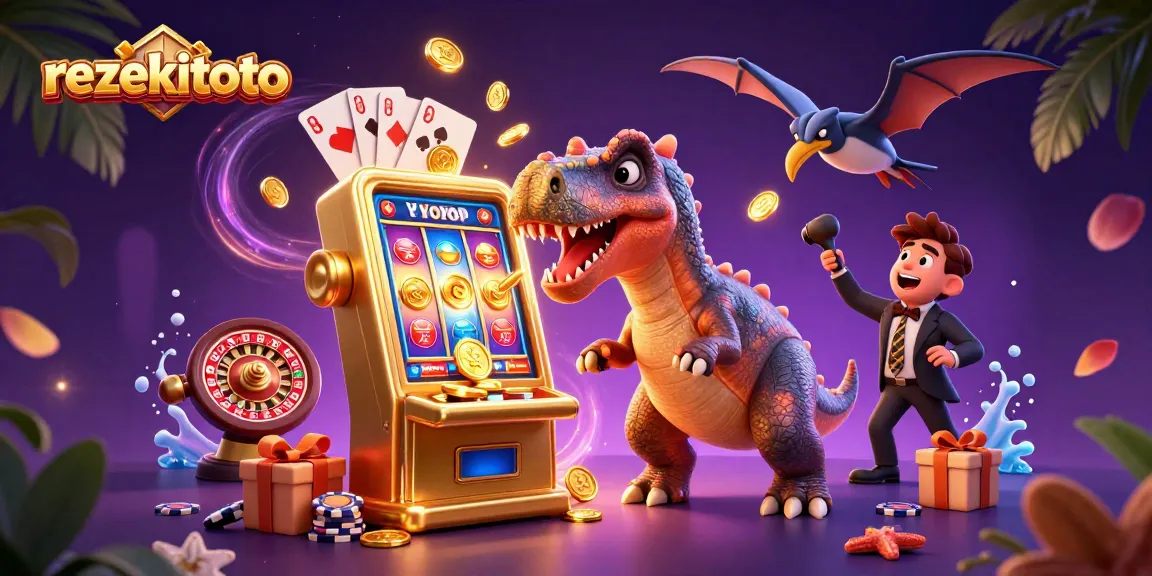 rezekitoto showcases a thrilling scene of cartoon dinosaurs winning jackpots and catching golden coins.