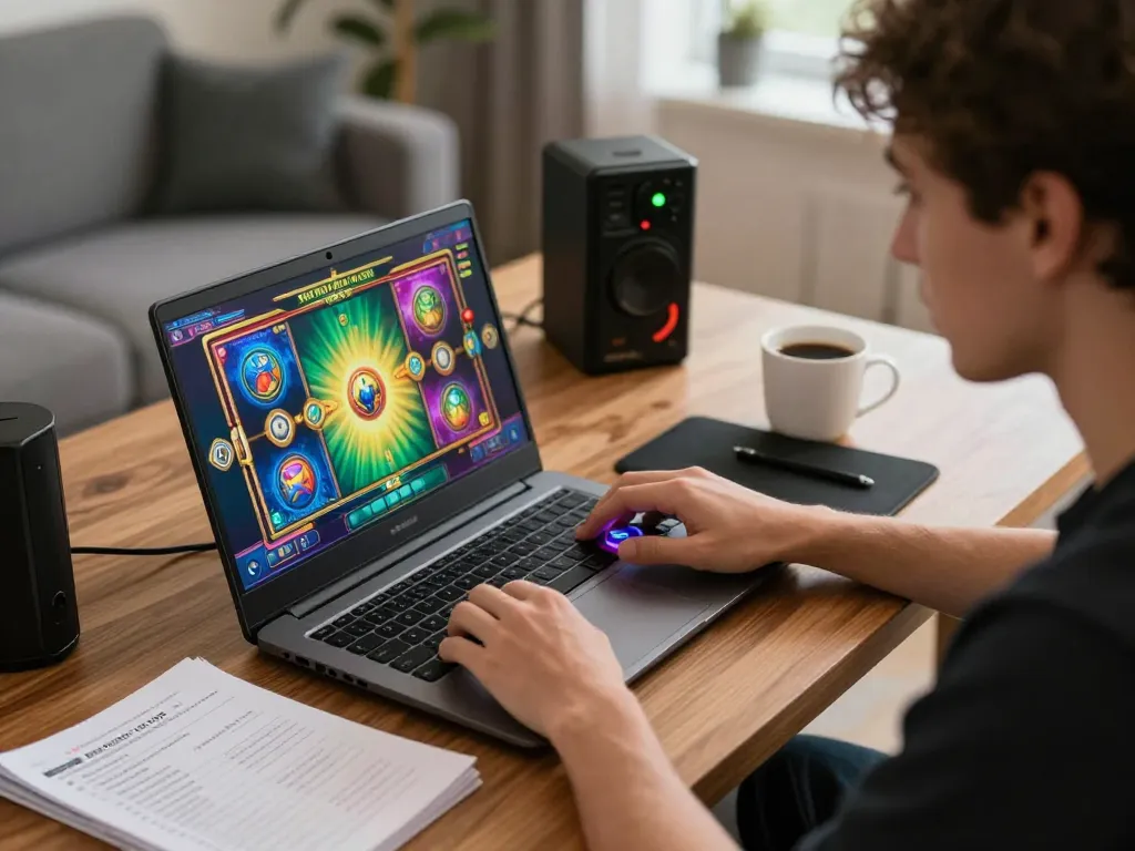 LIGA2000 player engaging with vibrant online slot game on a laptop in a cozy home setting