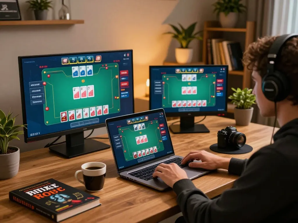 The scene depicts a focused online gaming moment using playstation-experience with live blackjack, highlighting strategy notes and a cozy atmosphere.