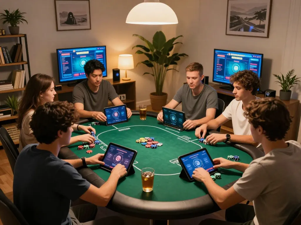 Mengajak teman bermain poker online melalui emaqq, suasana permainan yang hidup, pengaturan rumah yang nyaman.