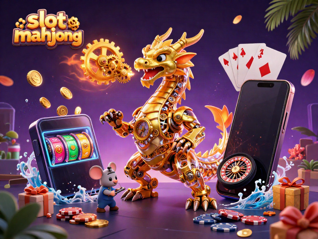 Engage with slot mahjong through this vibrant 3D illustration featuring a golden dragon, colorful slots, and action-packed elements.
