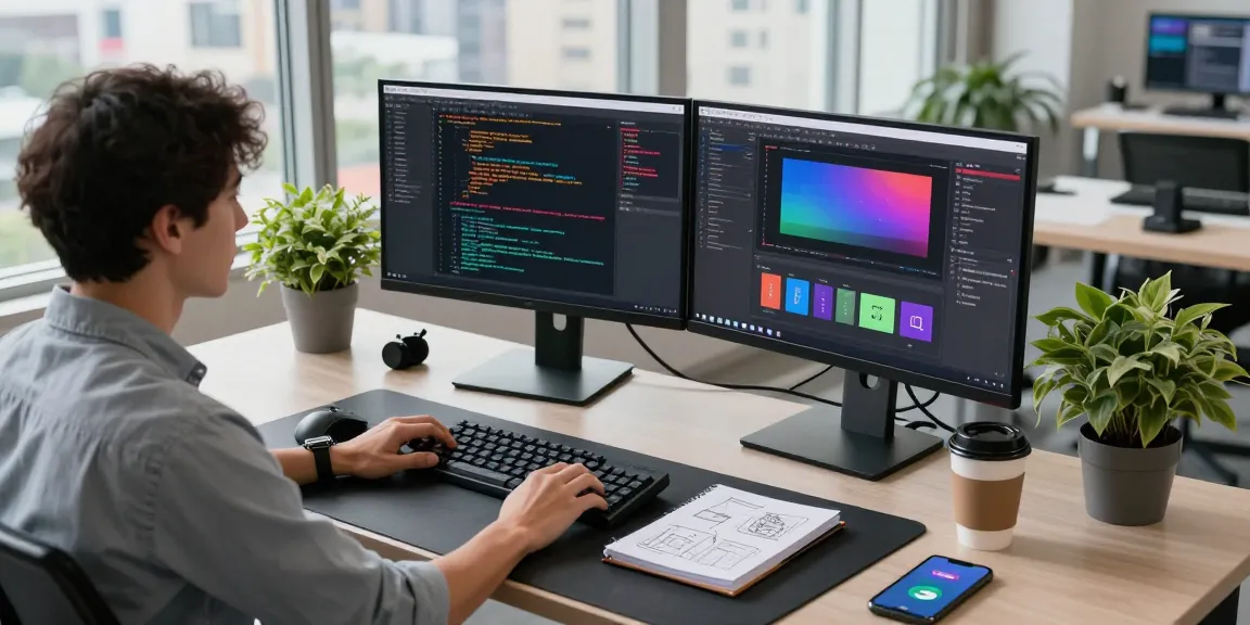 Focused developer at https://fau88.com/ workspace with dual monitors displaying code in a modern office