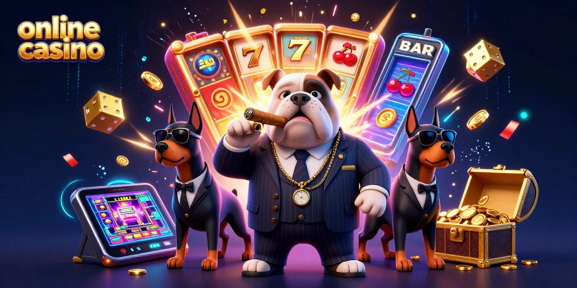 Experience thrilling online casino action with a mafia boss bulldog surrounded by game elements.