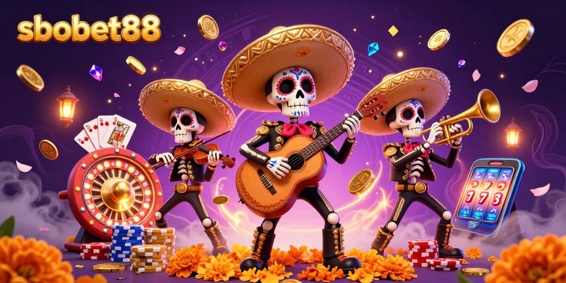 Sbobet88 excites with vibrant casino scene featuring a mariachi band, golden coins, and spinning roulette.