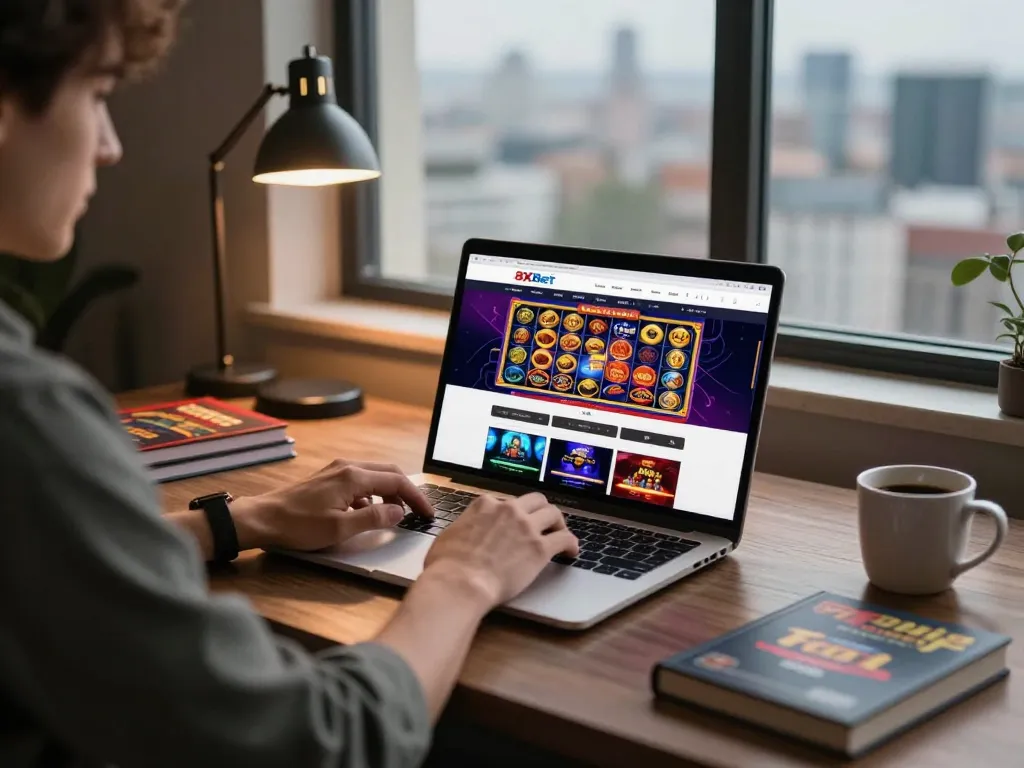 Engaged player exploring the nhà cái 8xbet with vibrant online casino interface on laptop, creating an intimate gaming atmosphere.