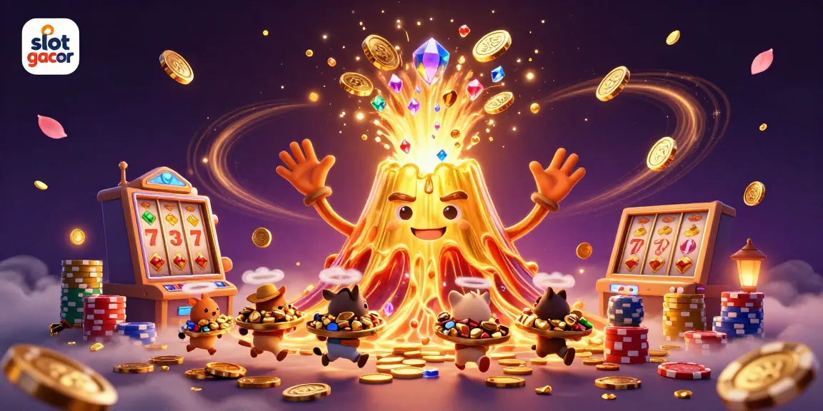Experience the thrill of winning on slot gacor with treasures erupting from a golden volcano.