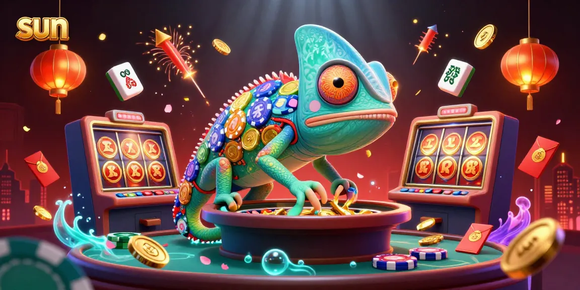 Experience exciting slots action with Sun casino's colorful chameleon owner amidst vibrant game elements.
