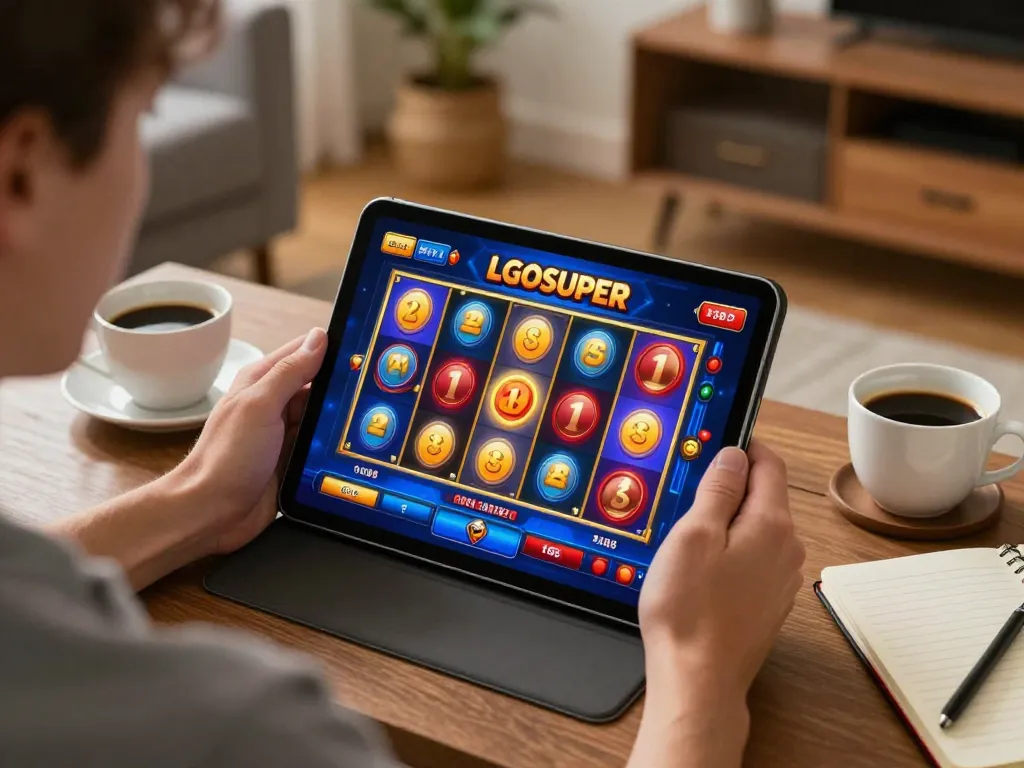 Engaging LGOSUPER slot gameplay on a tablet in a cozy home setting, showcasing strategic entertainment.