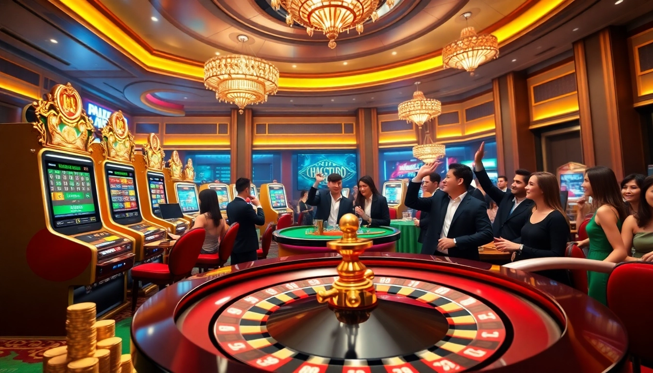 Engaging with Ưu đãi thành viên 6FF in a luxurious casino setting, featuring vibrant slot machines and eager players.