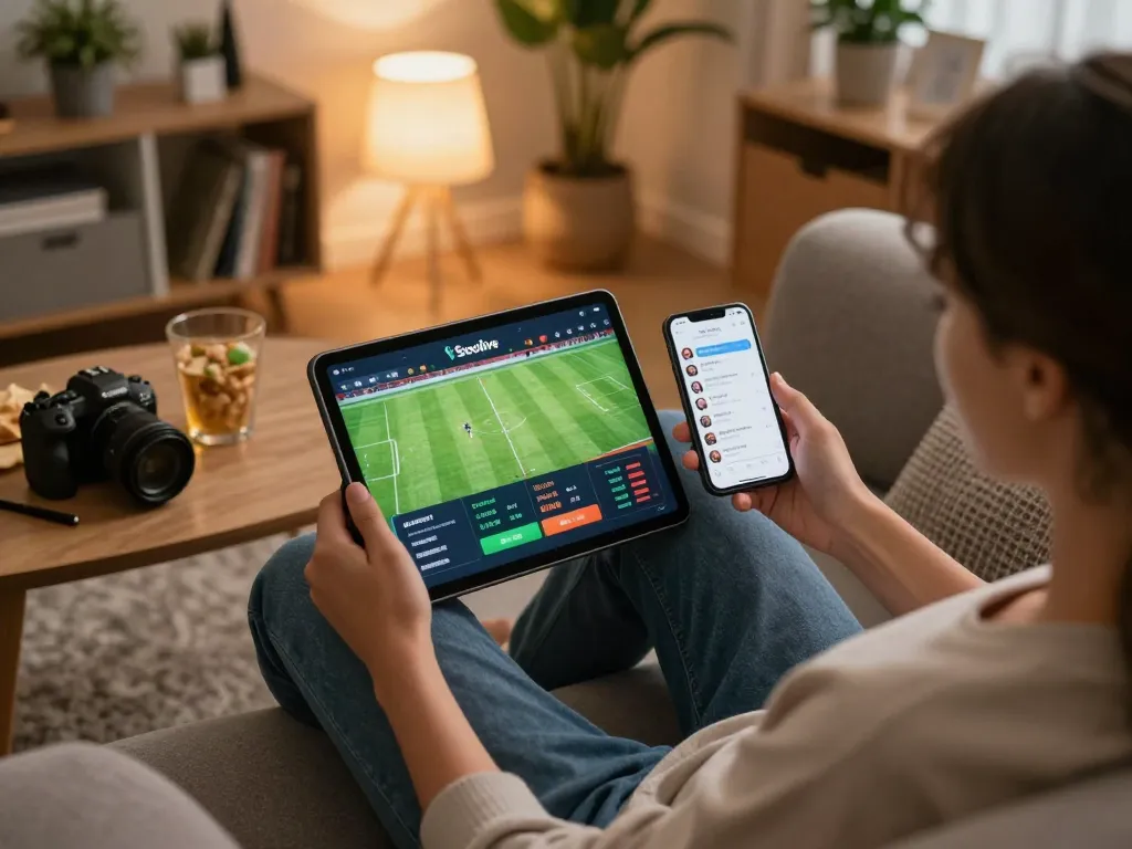 Socolive sports betting setup with a person on a sofa checking match odds on tablet amidst a cozy home environment.