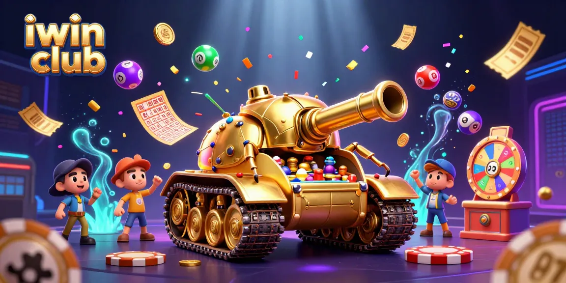 Engage with iwin club's vibrant casino in a dynamic 3D scene filled with lottery balls and game elements.