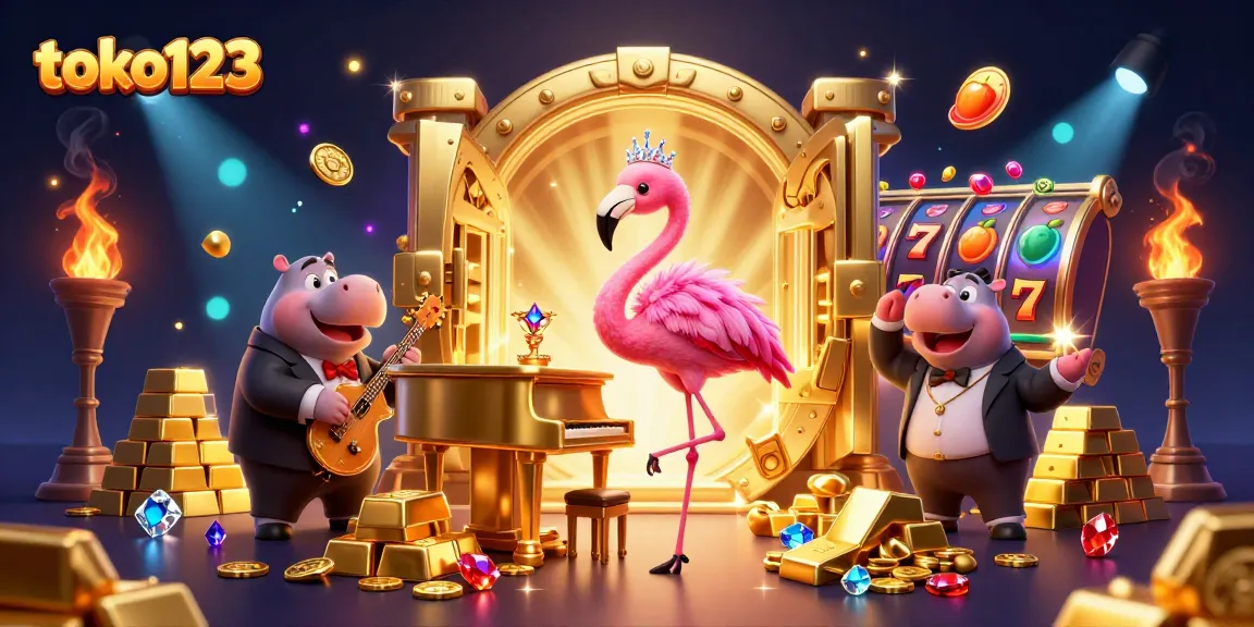 Experience the vibrant fun of toko123 with a lively casino scene featuring engaging characters and rich slot game elements.