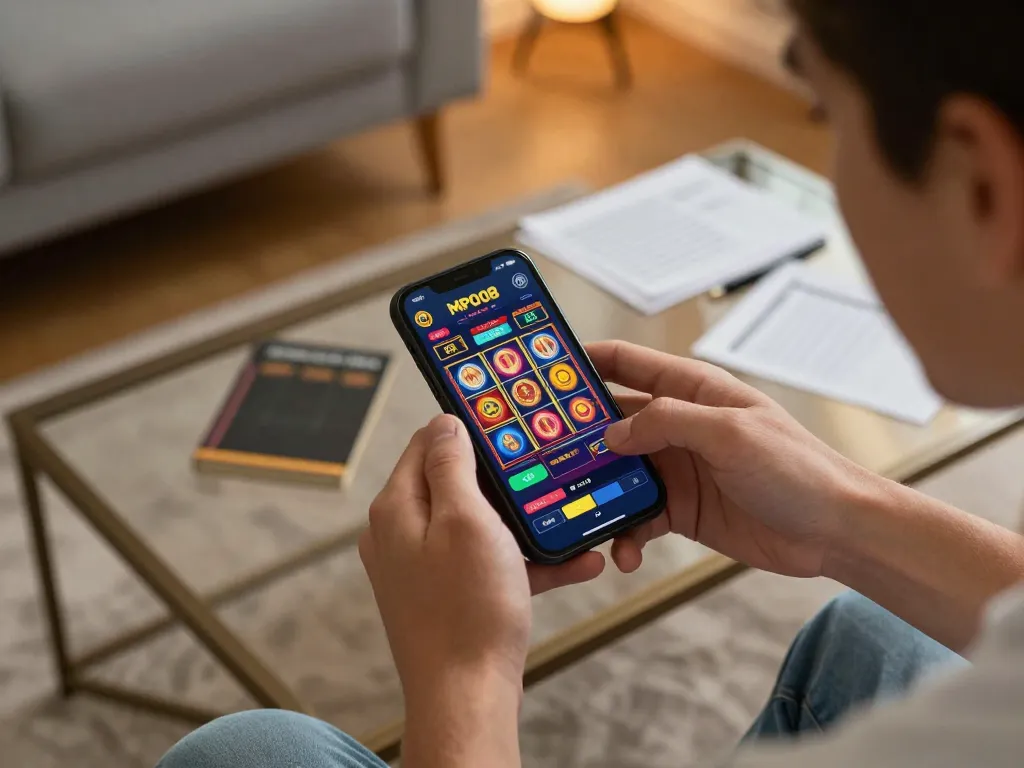 MPO08 user engaged in an online slot game on smartphone while enjoying a relaxed home setting.