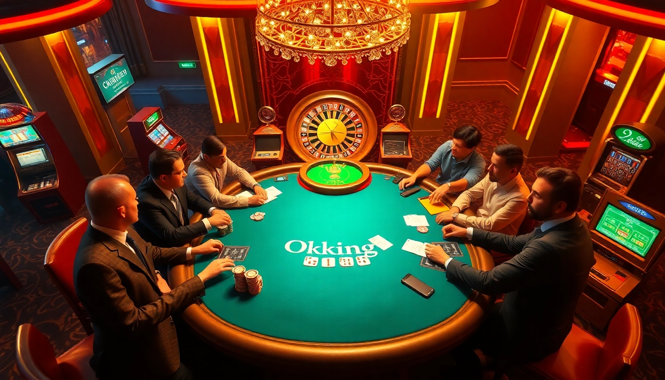 Players engage in a thrilling poker game at the Okking casino table, surrounded by vibrant chips and cards.