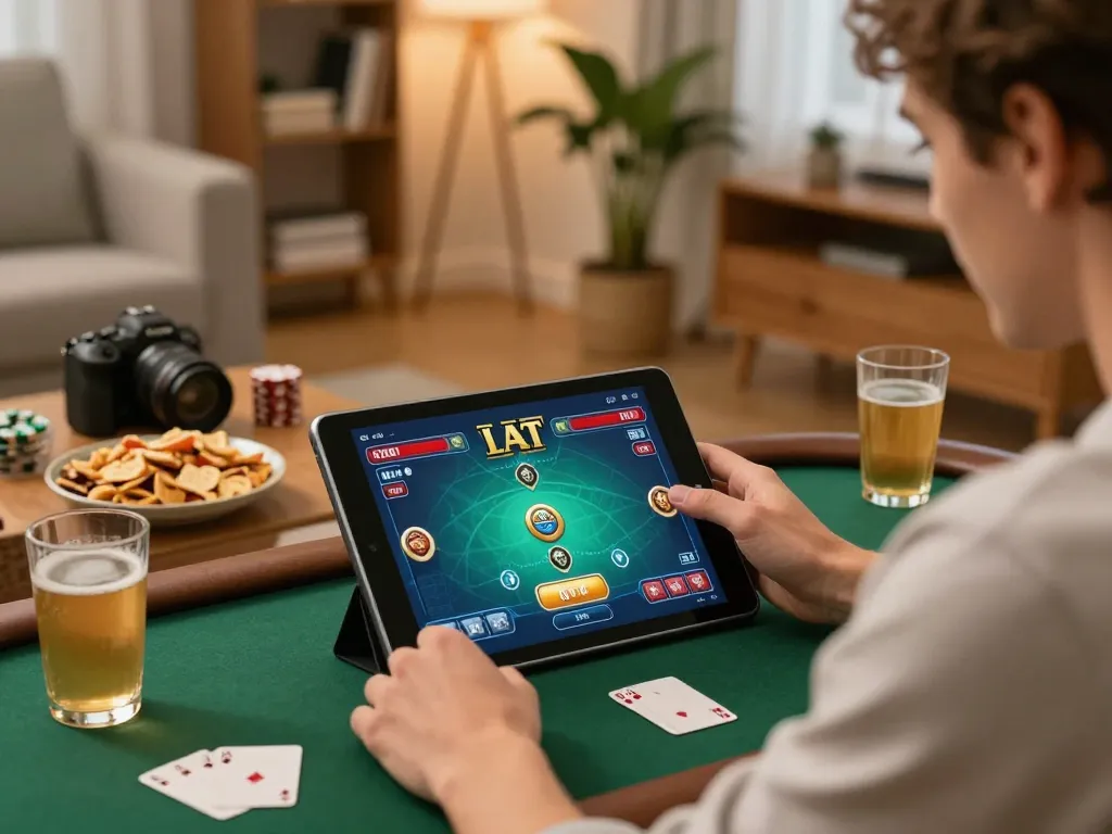 Engaging in poker gameplay on OPEN88 tablet, capturing a cozy and strategic gaming atmosphere