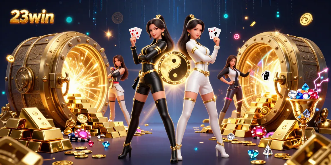 Experience the thrill of 23win with stunning twin Asian women portraying a vibrant casino atmosphere.