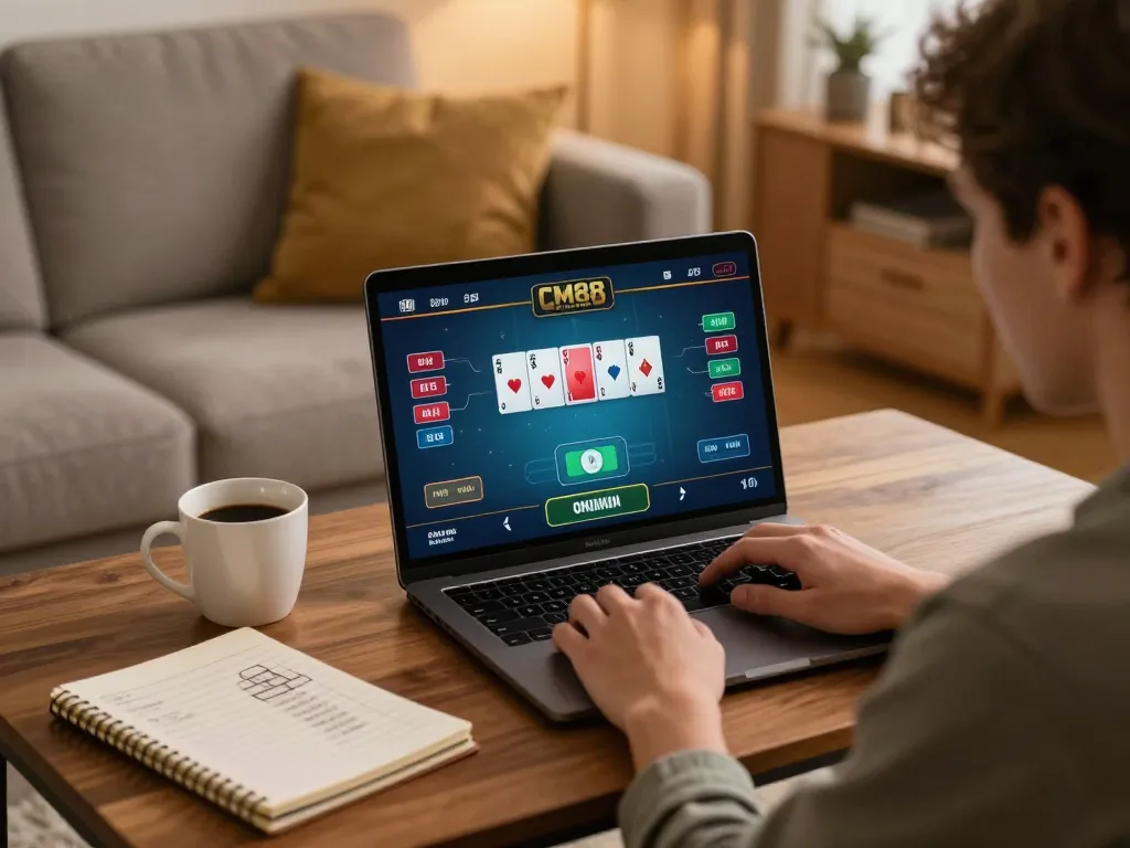Engaging online poker gameplay at home with CM88 on display, showcasing strategy and comfort.