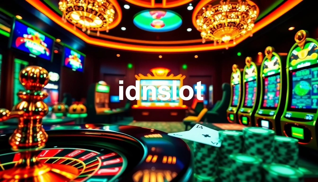 Engage in thrilling gaming with idnslot's vibrant online casino experience, featuring roulette wheels and slot machines.