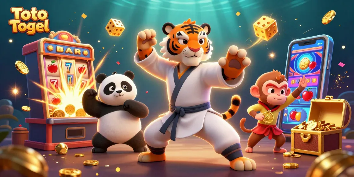 Toto Togel menampilkan harimau kung fu dan panda di kasino dengan mesin slot emas.