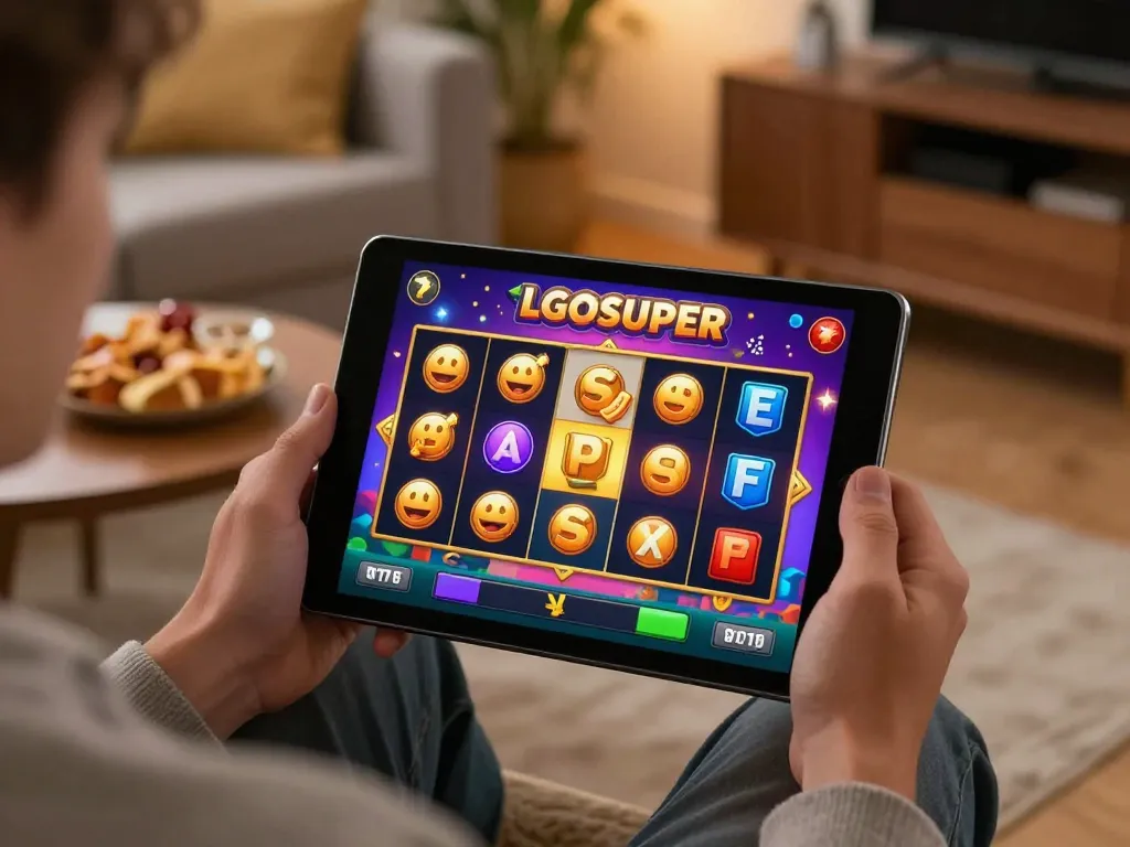 Player enjoying LGOSUPER slot game on tablet, showcasing vibrant graphics and engaging gameplay.