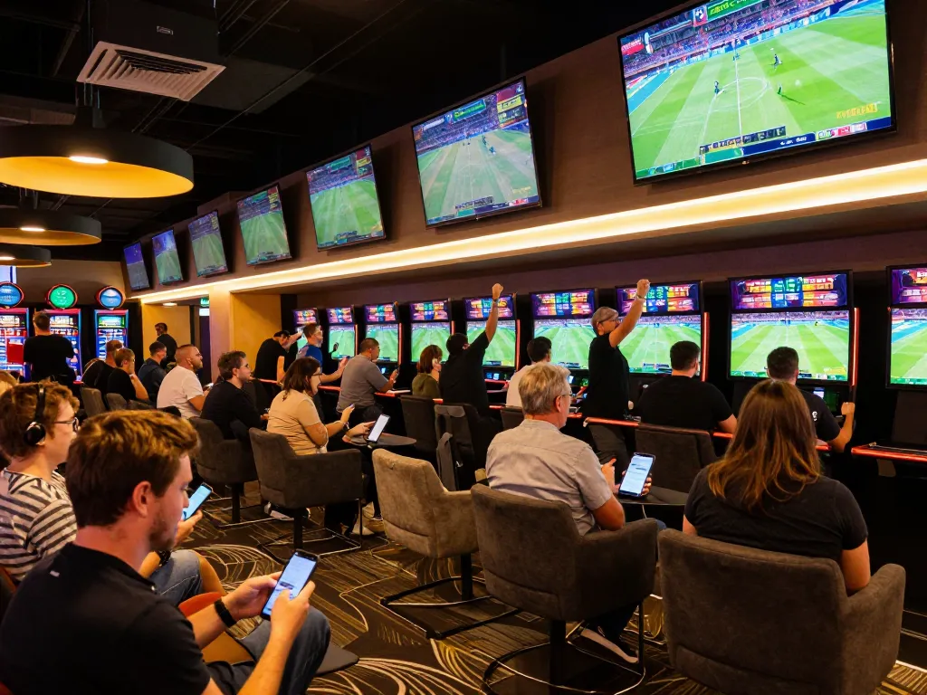 Betting excitement at King33 with bettors analyzing odds on live sports events