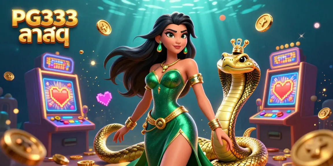 An engaging scene of PG333 ล่าสุด showcasing a woman in an emerald gown with a golden cobra in a vibrant casino theme.