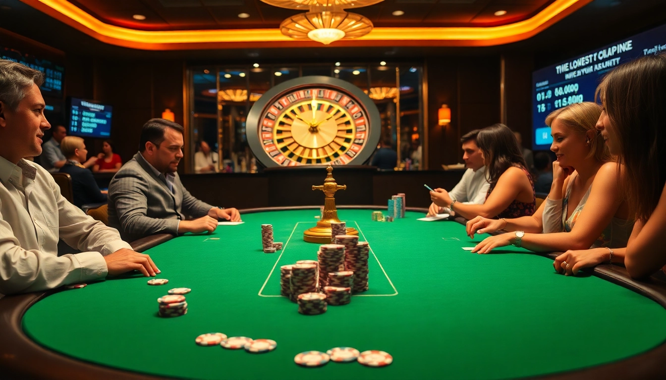Engaging scene showcasing rr99 poker players strategizing at a luxury table in a vibrant casino.