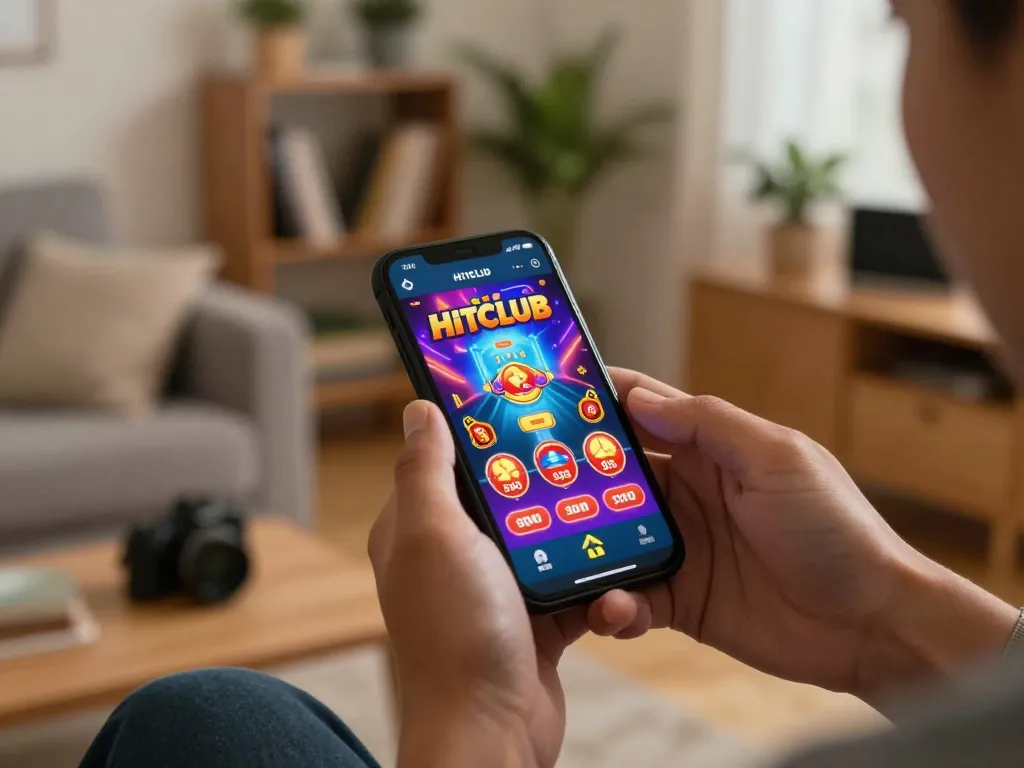 Engaging gameplay on Hitclub app featuring smartphone and cozy ambiance.