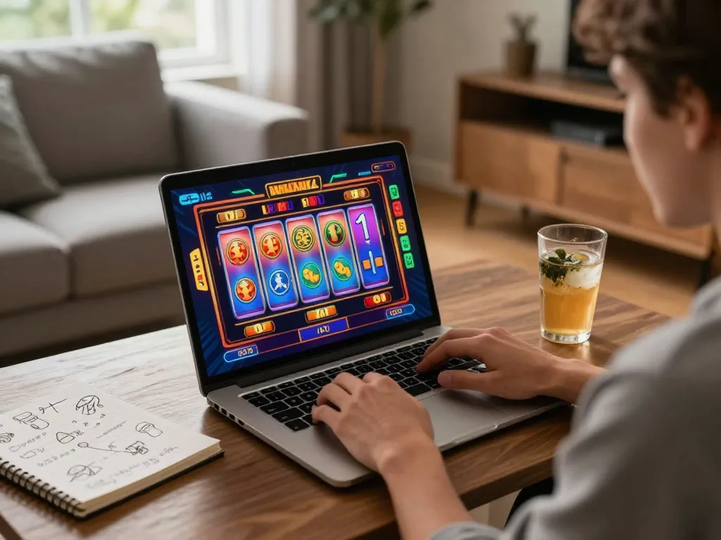 Pengguna Aman788 terlibat dalam permainan slot yang menarik secara online di ruang tamu yang nyaman.
