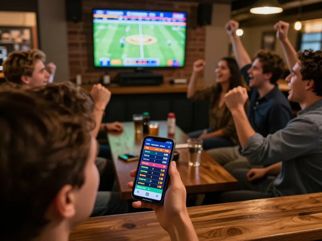 KQBD user tracking live sports betting odds on smartphone in lively sports bar setting.