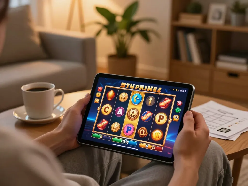 Player enjoying 32win slot gameplay in a cozy home setting, focusing on colorful game interface.
