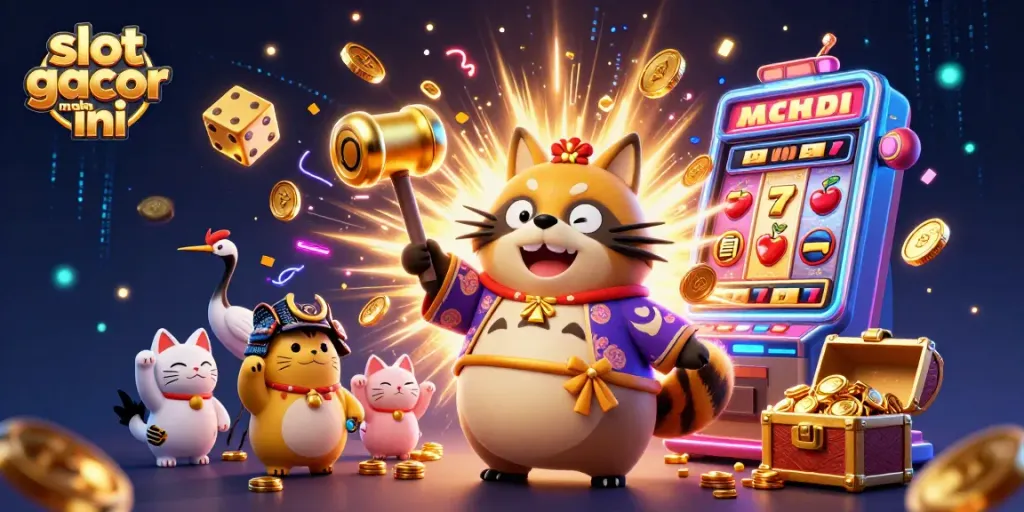 Menangkan slot gacor malam ini dengan ilustrasi karakter ceria beruntung di permainan kasino yang menarik.
