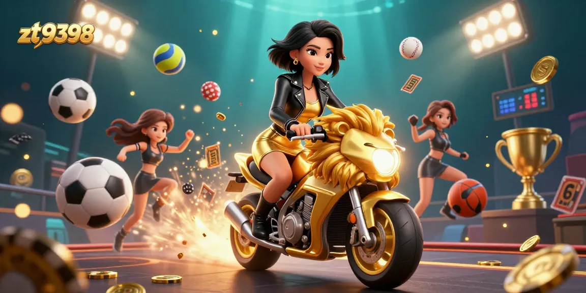 Experience thrilling gaming with zt9398 as a glamorous woman rides a golden lion mascot amidst dazzling sports action.