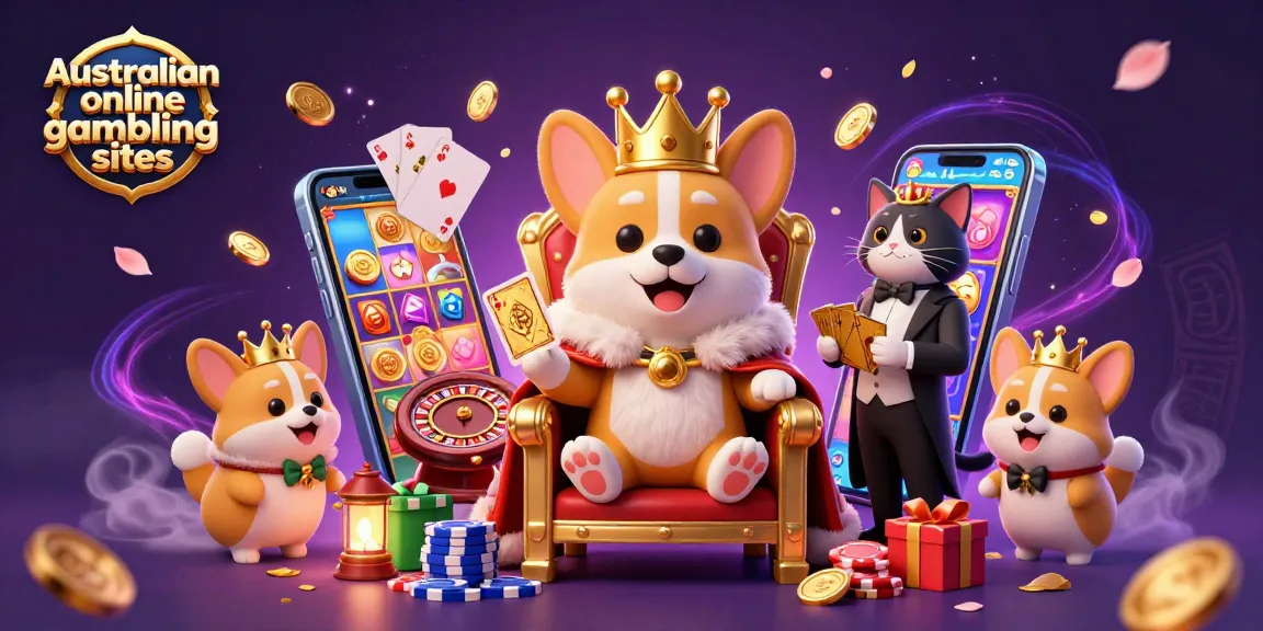 Engage with top Australian online gambling sites through an illustrated casino scene with a royal corgi.