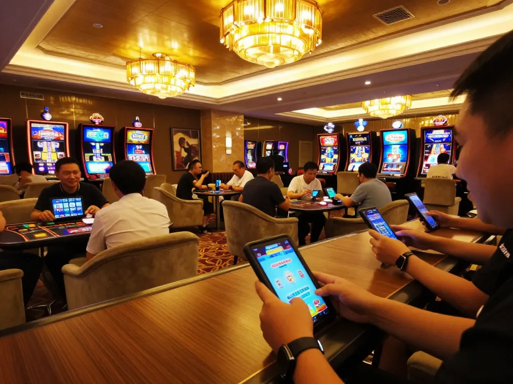 Engaging tutorial mega888 experience in a vibrant casino lounge with players using mobile devices