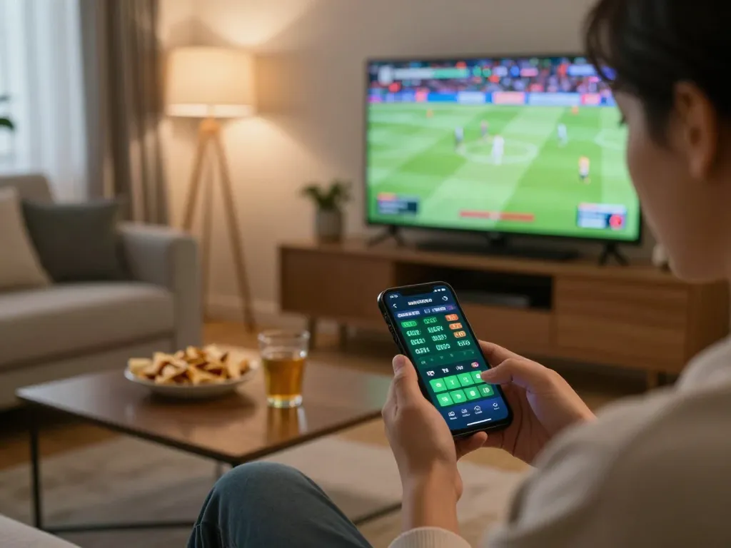 Soi kèo nhà cái hôm nay with strategic sports betting on smartphone in a cozy setting