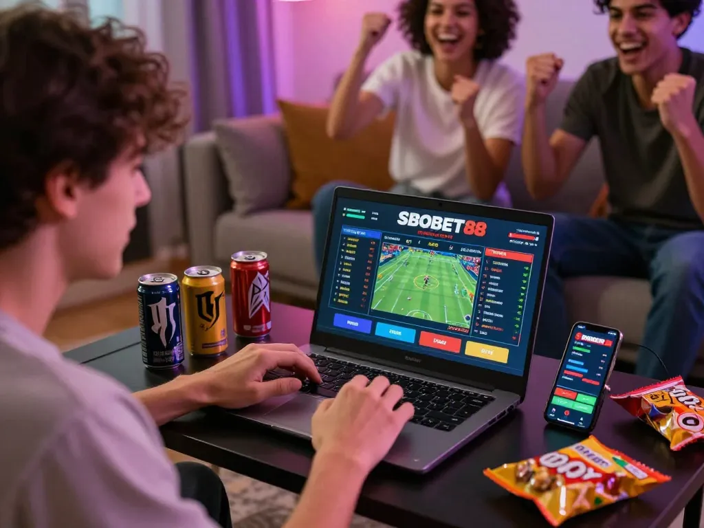 SBOBET88 live betting experience in a cozy living room with friends cheering
