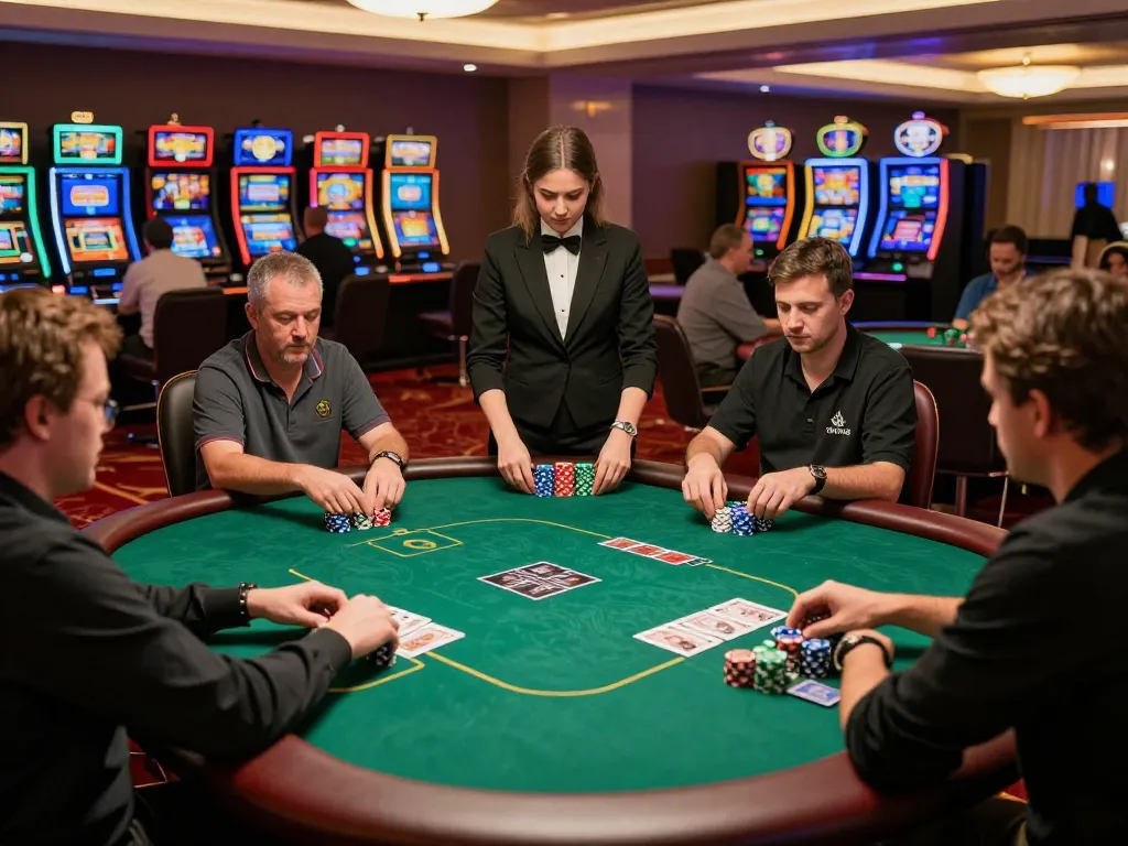 MPOID poker players strategizing at an upscale casino table with vibrant chips