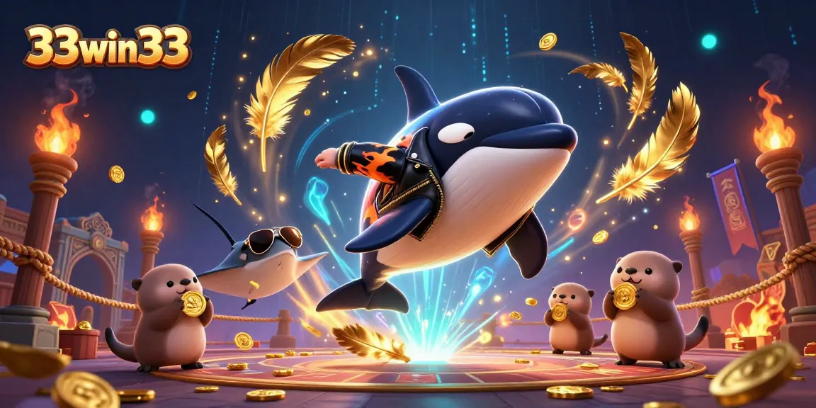 33win33 showcases a thrilling 3D scene with an orca in a biker jacket jumping amidst swirling golden coins and a vibrant casino atmosphere.